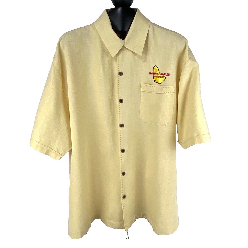 Jamaica Jaxx Short Sleeve Silk Shirt Mens XL Mount Gay Logo Pale Yellow Tropical